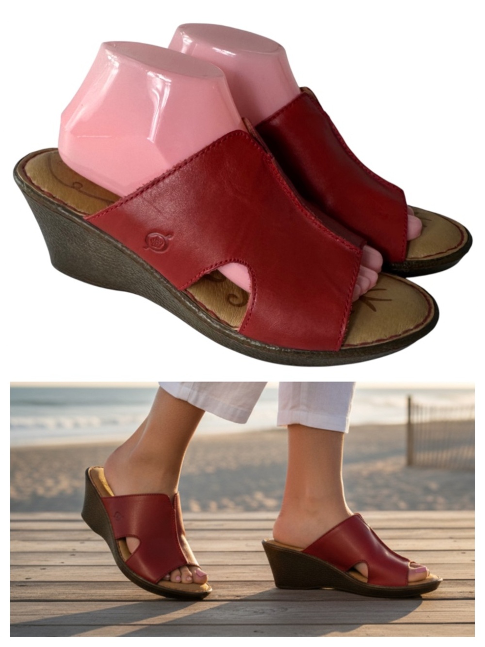 Born Wedge Clogs Sandals Womens Sz 11 Red Leather Slides Slip On Classic Chic!